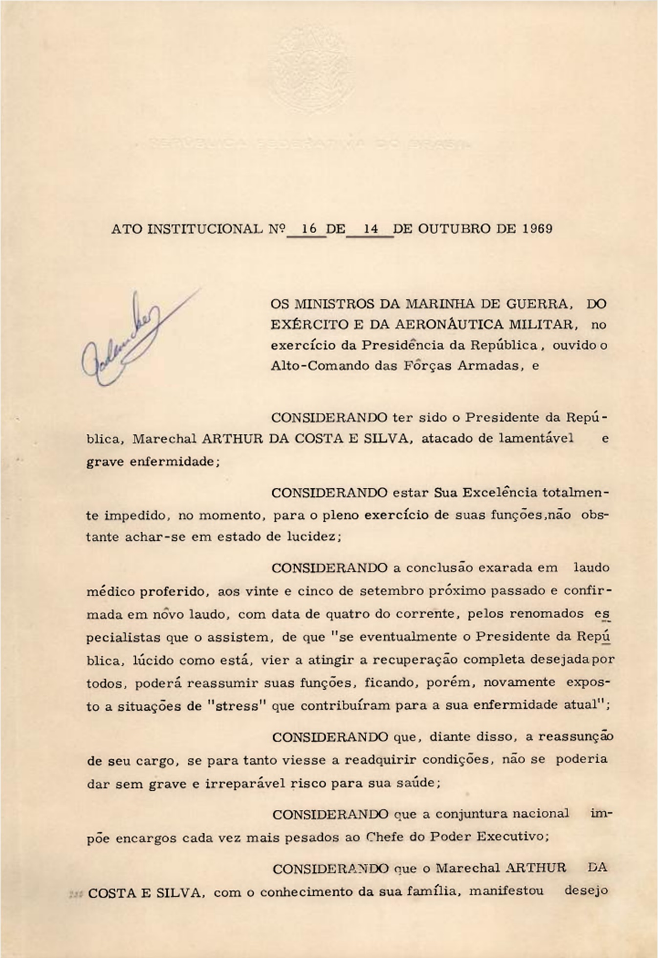 Imagem de referência de Ato Institucional Número Dezesseis, descrito nos dados abertos como 16º decreto da ditadura militar brasileira emitido em 1969 para restringir direitos e manter o regime
