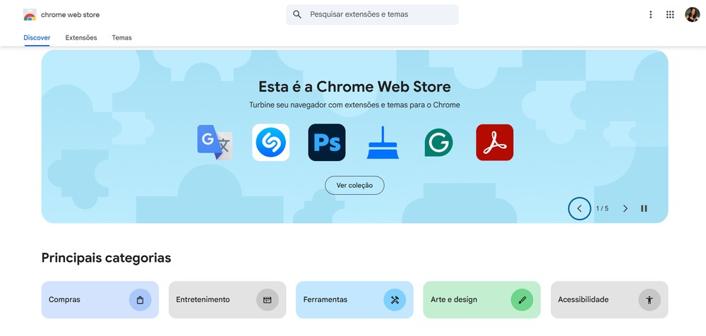 A Chrome Web Store Ă© um dos pontos positivos para escolher o Google Chrome em 2026 â Foto: Reprodução/Erika Martins (captura de tela da pĂĄgina do Google)