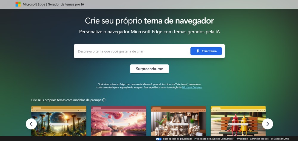 O Microsoft Edge tambĂ©m promete personalização do navegador com IA â Foto: Reprodução/Erika Martins (captura de tela da pĂĄgina do Microsoft Edge)